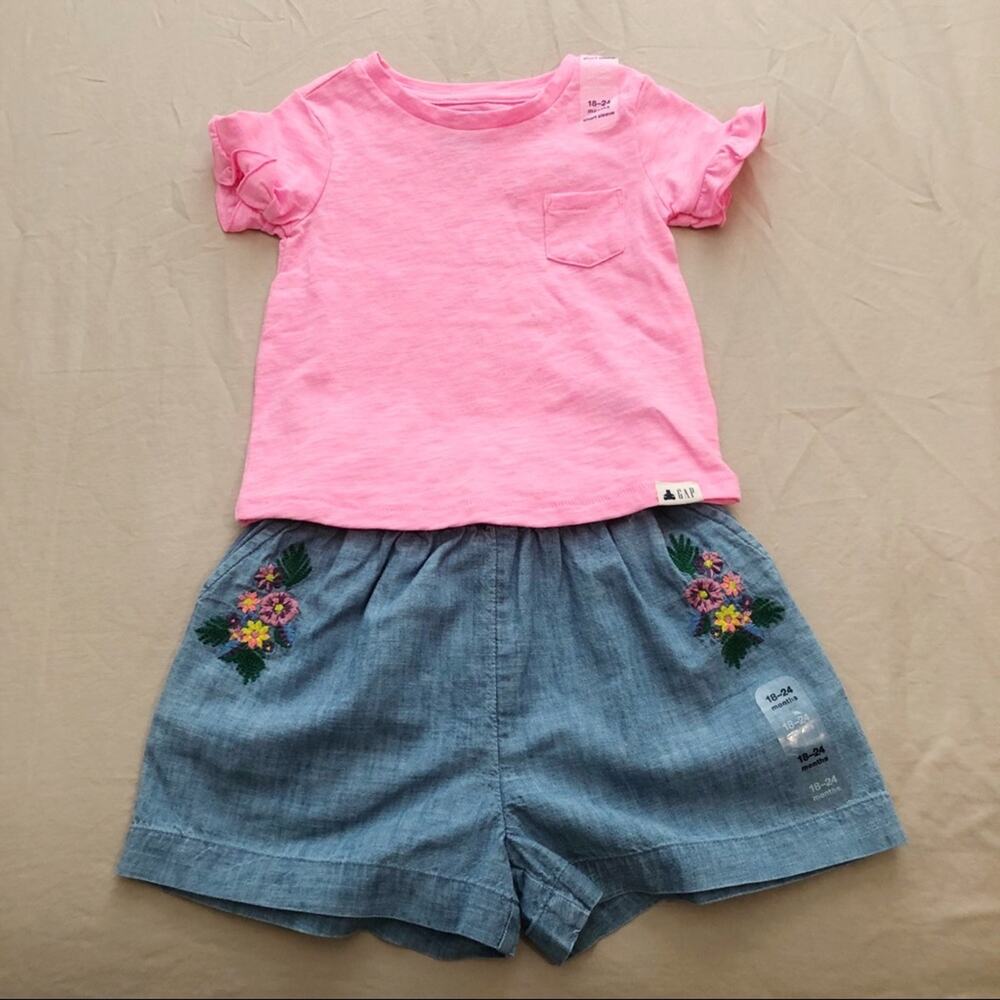 NWT 18-24 Gap Floral Embroidered Denim Shorts and Pink Ruffle Tee Outfit